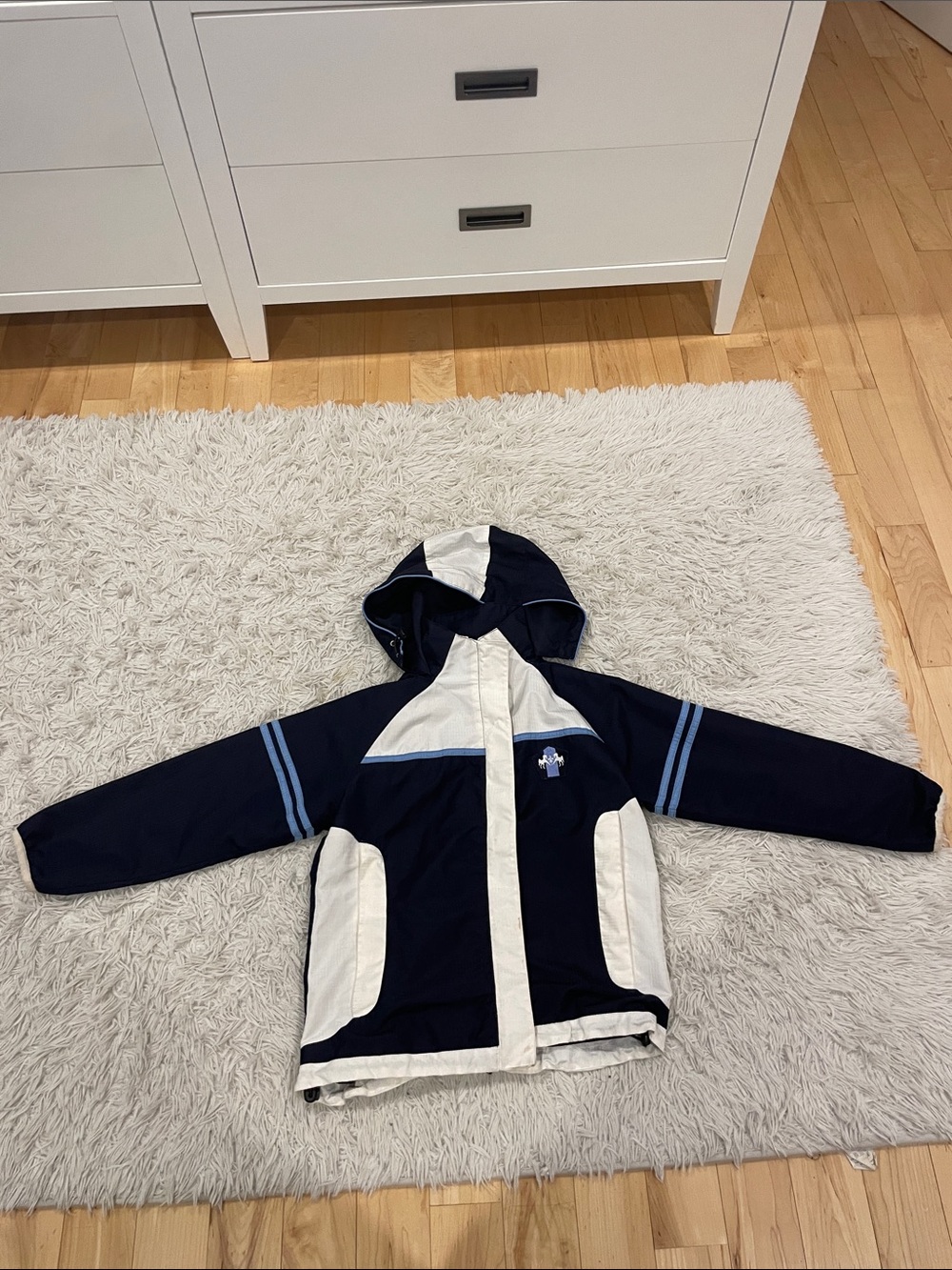 Kids Navy and White Hooded Puffer Jacket with Light Blue Stripe Accents